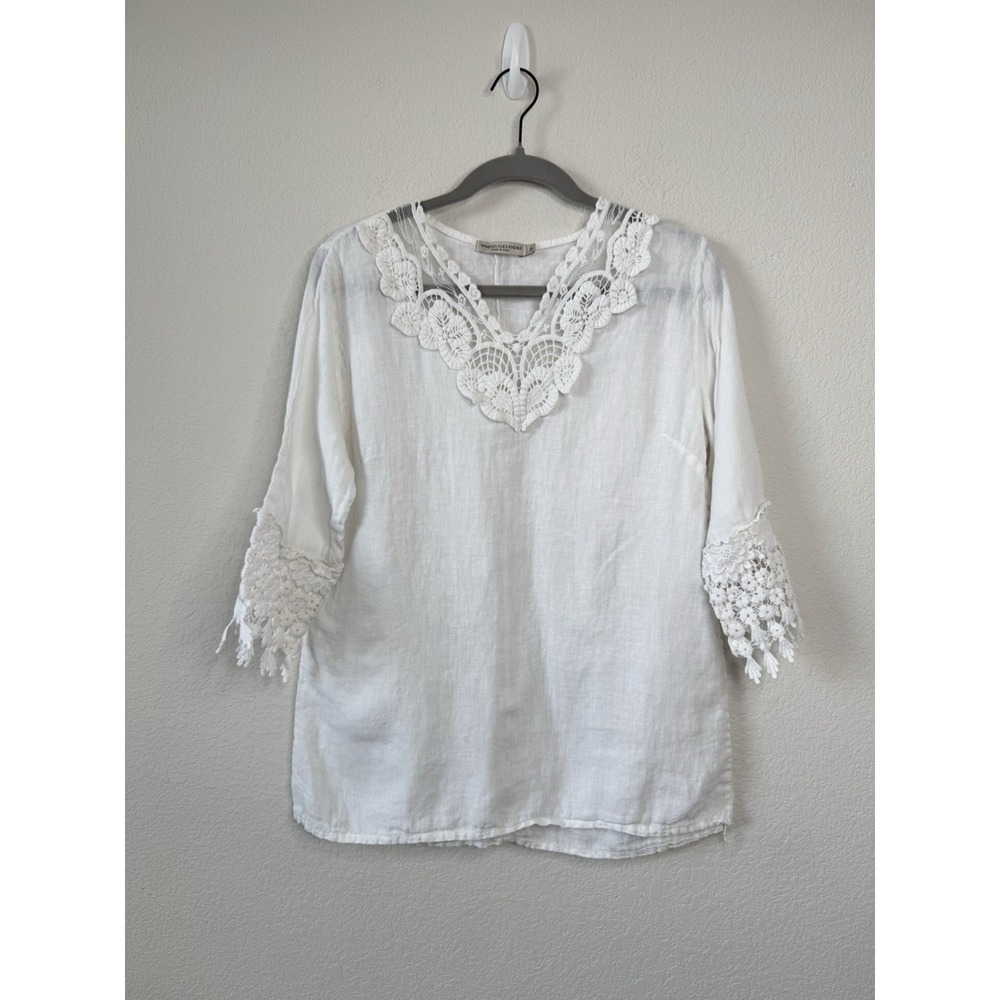 Vanessa Alexandra 100% Linen Top Blouse‎ Sz M Lace Peasant Cottagecore Italy